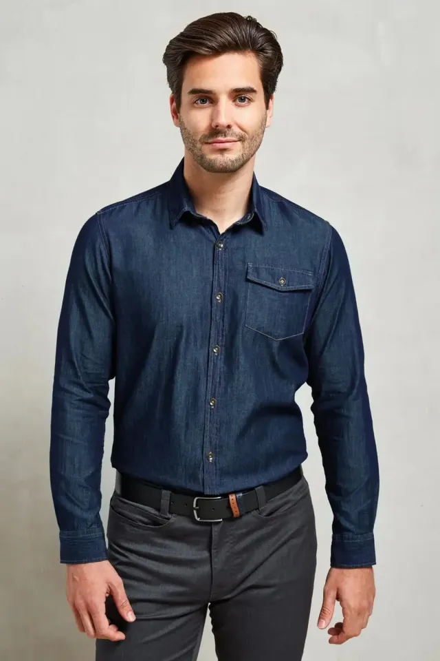 Unichef chemise denim coton surpiqûres contrastées